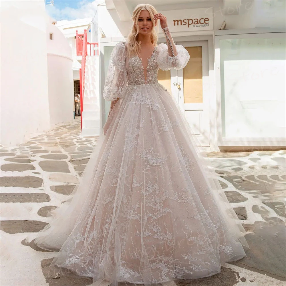 

2024 Luxurious A Line Women's Wedding Dresses Beautiful Lace Appliques Bride Gowns Long Puff Sleeve Princess فساتين حفلات الزفاف