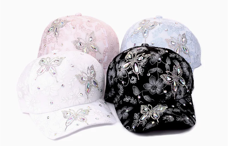 Frauen Baseball Kappe Blume Schmetterling Strass Spitze Atmungsaktive Sonnenschirm Gebogene Krempe Mode Kappe Street Dance Party Casual Neue – Detail 3
