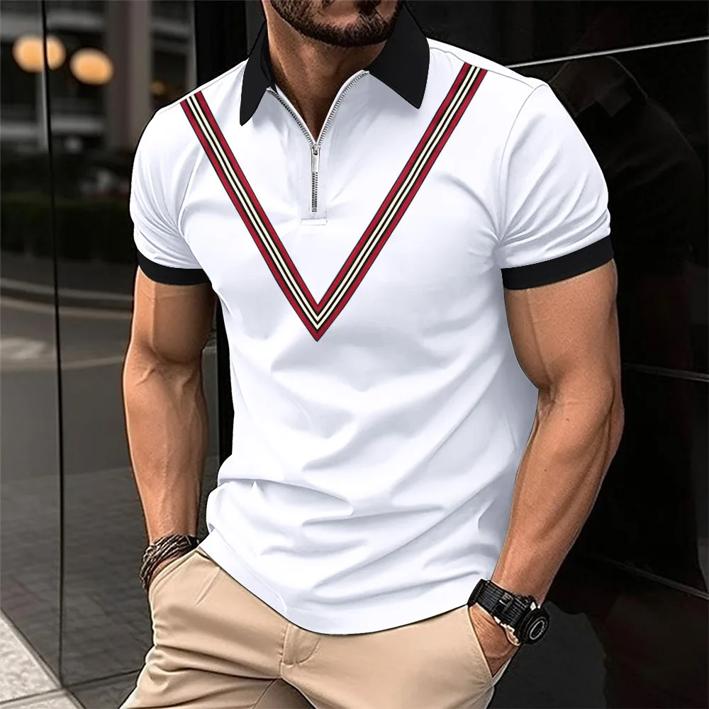 

V embroidery New Polo Men Casual Short Sleeve design Polo Shirt T-shirt Tops Summer Men's Lapel Zipper Polo Shirt Men Shirt