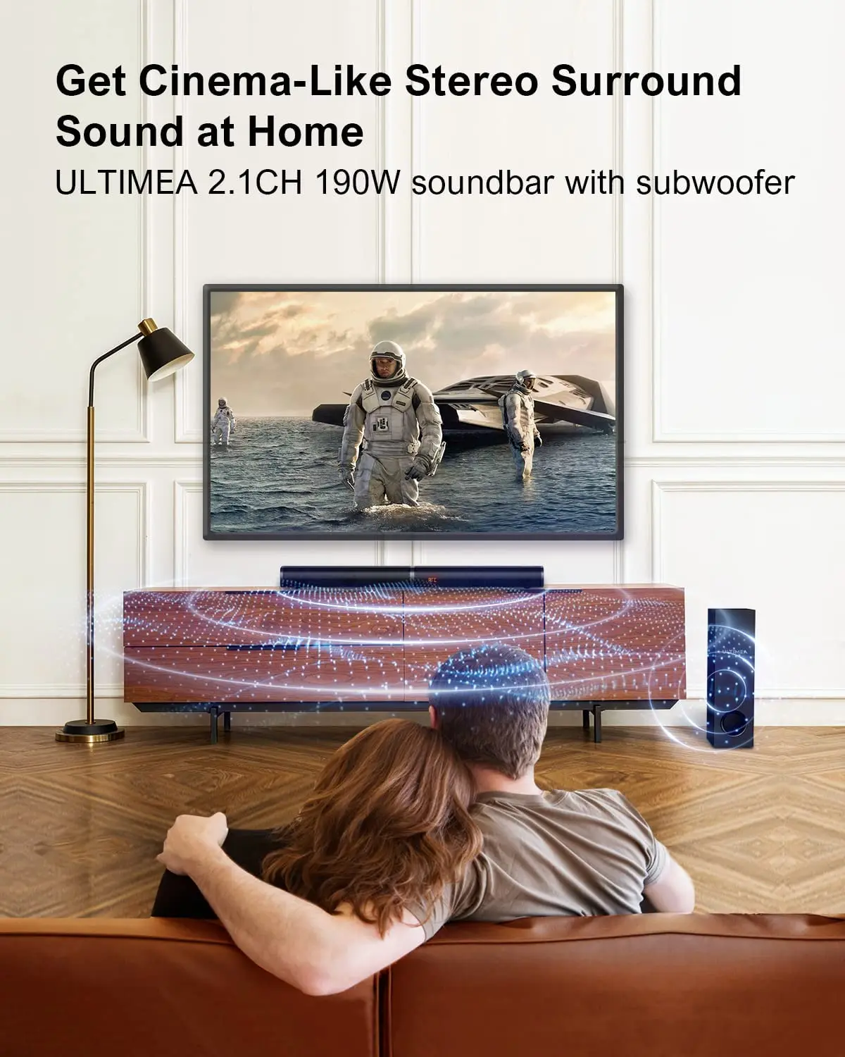 Barras de sonido para TV con subwoofer, 2.1 graves profundos 80 W altavoces  de rango completo, pantalla LED, graves ajustables, HDMI/USB/AUX, barra de