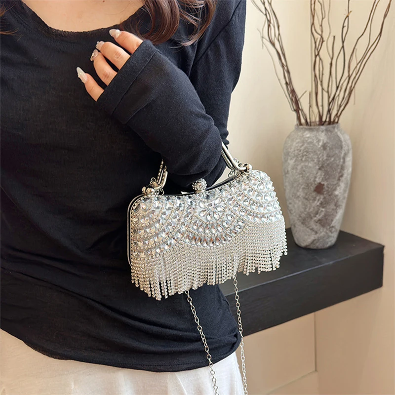Metal Top Handle Tassel Evening Banquet Bag Glitter Wrist Bag Box Handbag Large Capacity Rhinestone Ladies Clutch Bag Women 2026