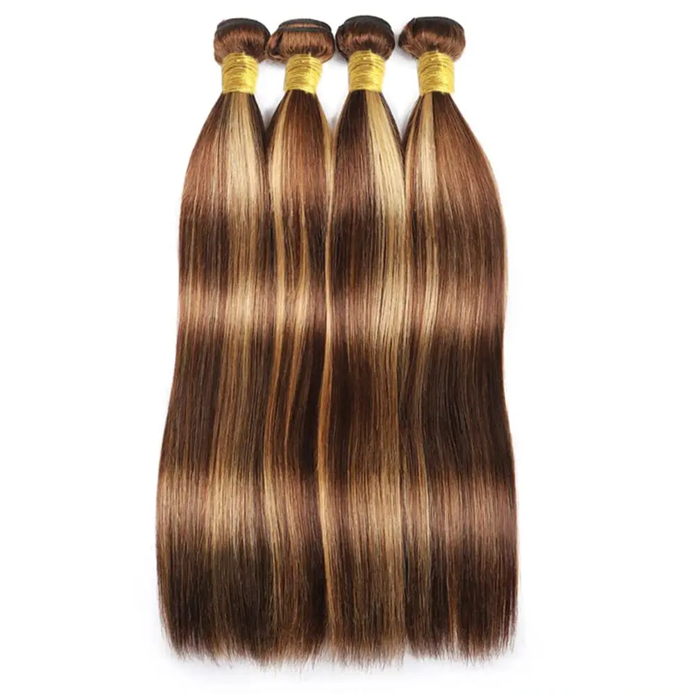 Higlighted Straight Human Hair Bundles P4/27 Brown Color Brazilian Real Hair Extentions Double Wefts Remy Bundles 16 to 26 Inch