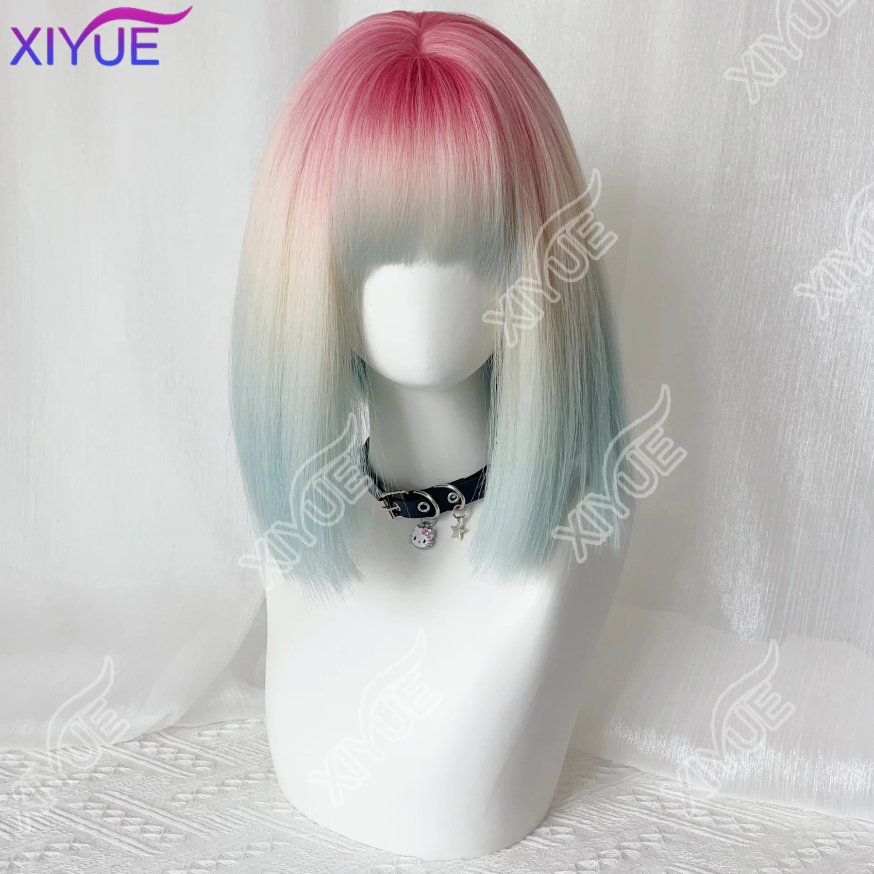 Ashely Rainbow Bubble Short Straight Hair Wig for Women with Bangs Gradient Highlights Lolita Bob Wigs Synthetic Wig Pastel