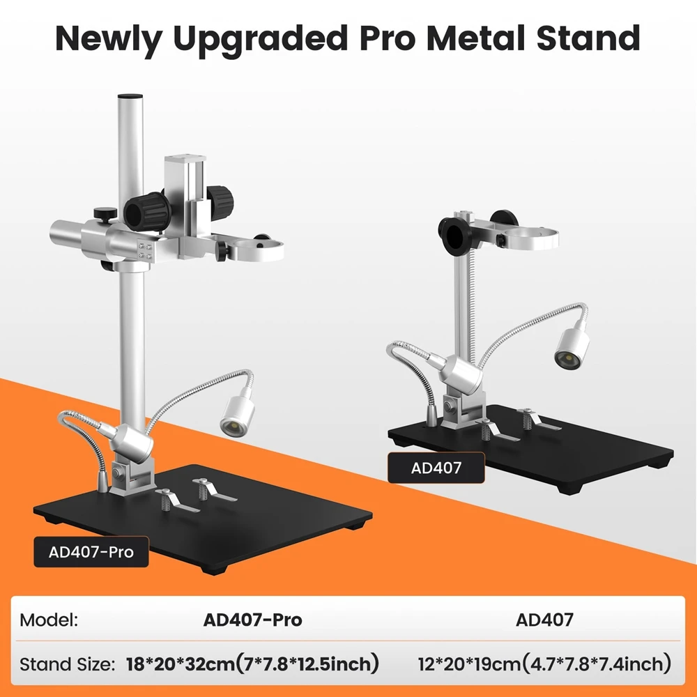 Andonstar AD407PRO HDMI 디지털 현미경 회로 기판, PCB 납땜 현미경, 휴대폰 시계 업그레이드, 12.5 인치 금속 스탠드