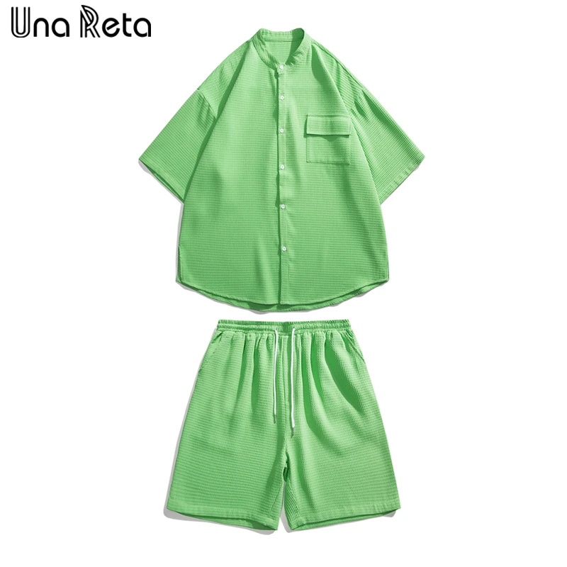 

Una Reta Summer Men Casual Suit New Fashion Solid Short Sleeve Single Breasted Shirt Shorts Hip Hop Two-piece Set Couple Suit