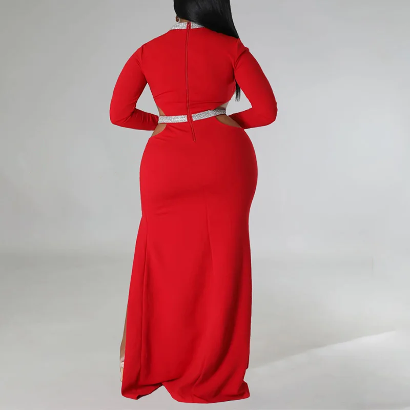 Solid O-Neck Diamonds Splicing Net Yarn Long Sleeve A-line Skirt Lady Autumn Elegant Waist Hollow Out Split Plus Size Maxi Dress