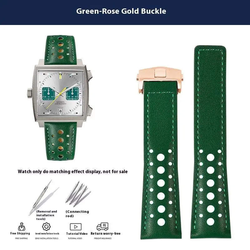 Men's Soft Genuine Cowhide Leather Watchband with Folding Buckle - 22mm, Compatible with Tag Heuer Monaco Series