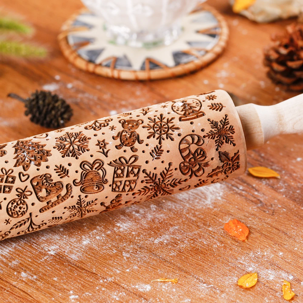 Description Picture 5 of item1pc 13.7in Christmas Wooden Embossed Rolling Pin For Pastry Baking Tools,Leaf Hive Deep Engraving Cookies Stamp Tool
