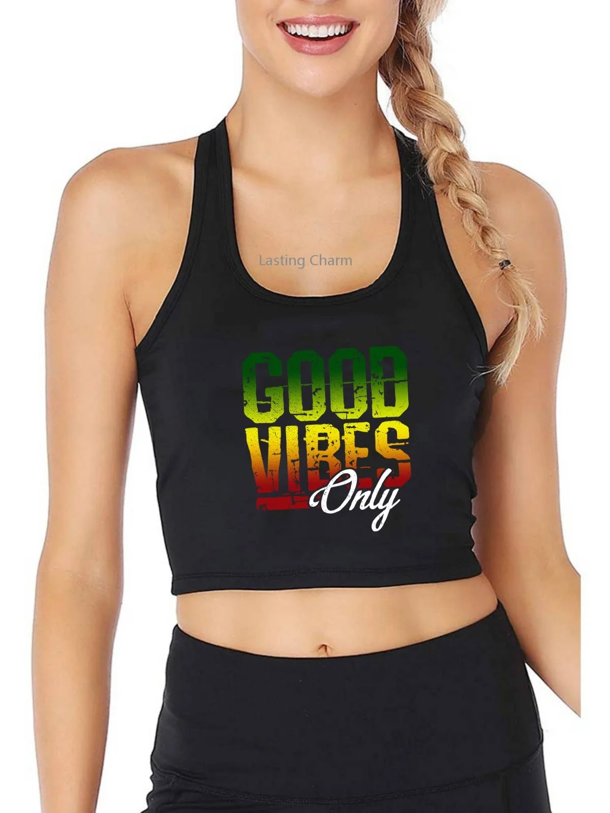 

Good Vibes Only Reggae Music Rasta Breathable Slim Fit Crop Top Women's Yoga Sports Workout Tank Tops Gym Vest