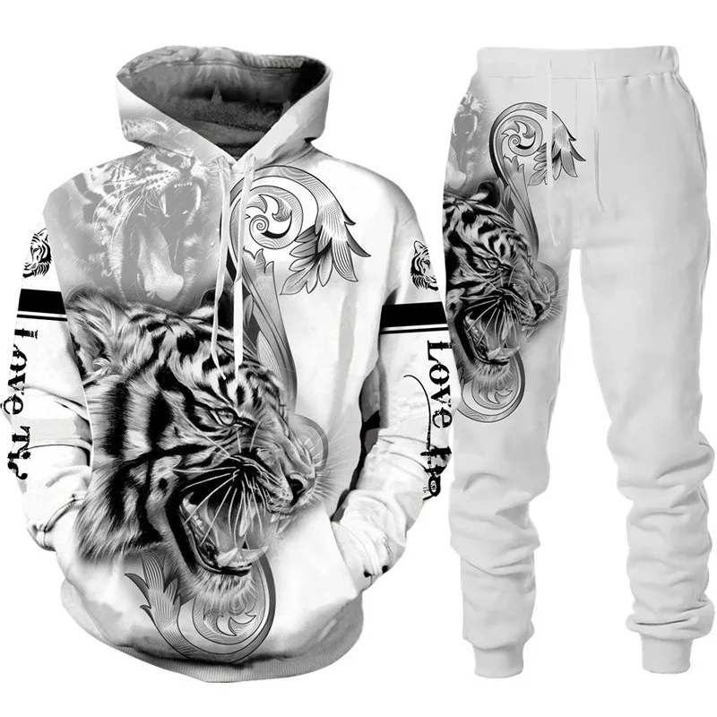Cool Tiger 3D Animal Print Hoodie+Pants Suit Long Sleeve Pullover Men\'s Sportswear Tracksuit Couple Outfit Two Piece Jogging Set