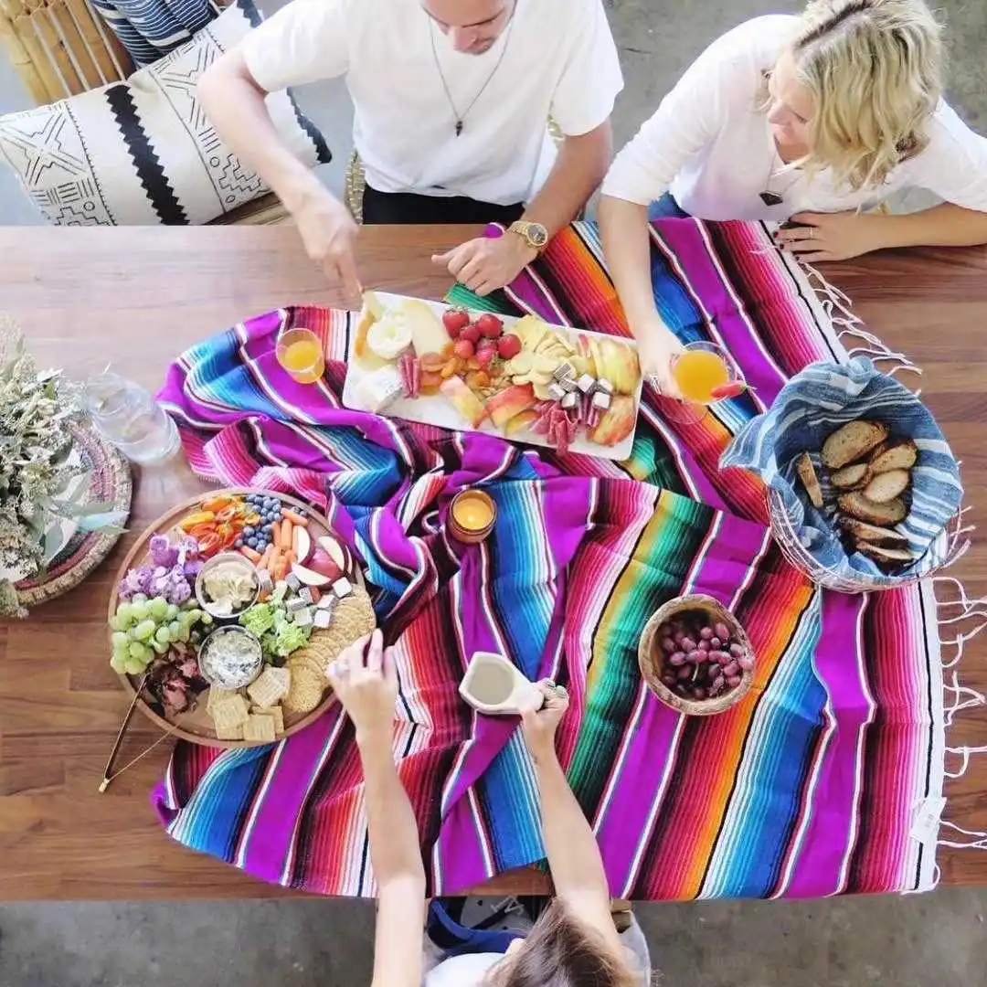 American Mexican Rainbow Striped Blanket, Cotton Party Table Runner, Sofa Cobertor, Hanging Tapestry, Bed, Plane, Tassel, Travel 6
