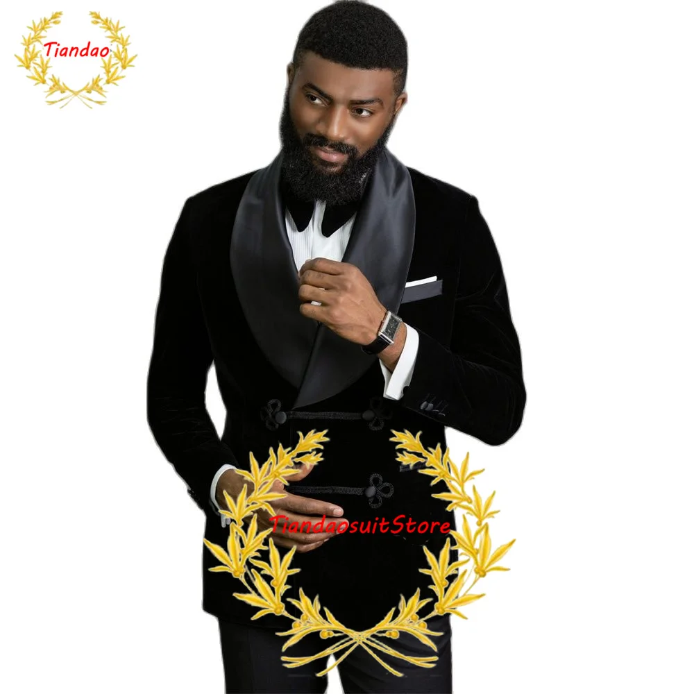 

Men's Suit Velvet Jacket Pants 2 Piece Tuxedo for Wedding Handsome Male Blazer Formal Party Slim Fit Dress