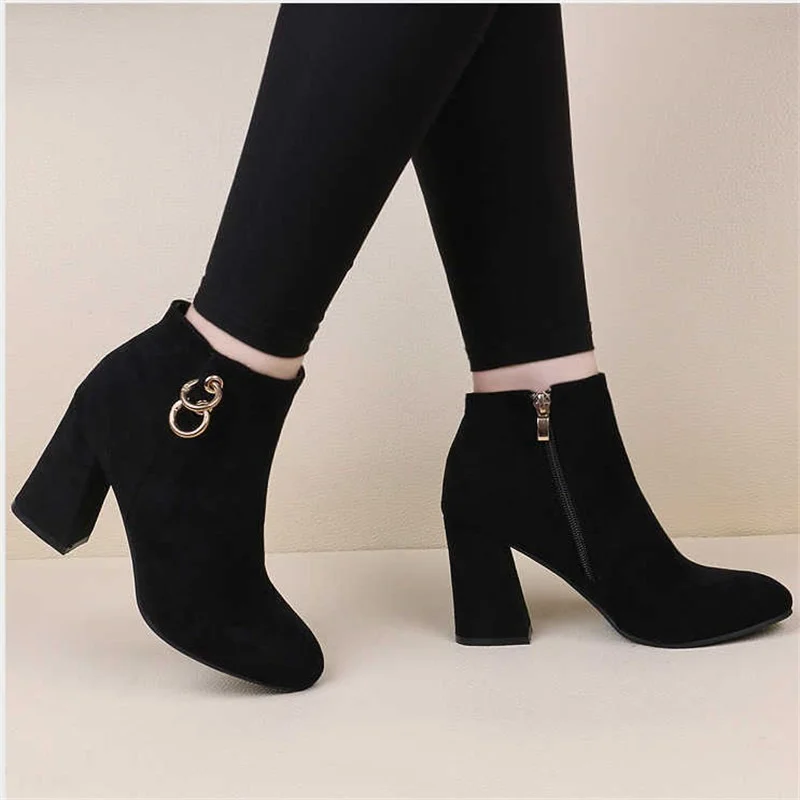 

Retro Plush Warm Autumn Winter Women's Boot Vintage Block Heel Ankle Boots Zipper High Heels Women Shoes Big Sizes Botines Mujer