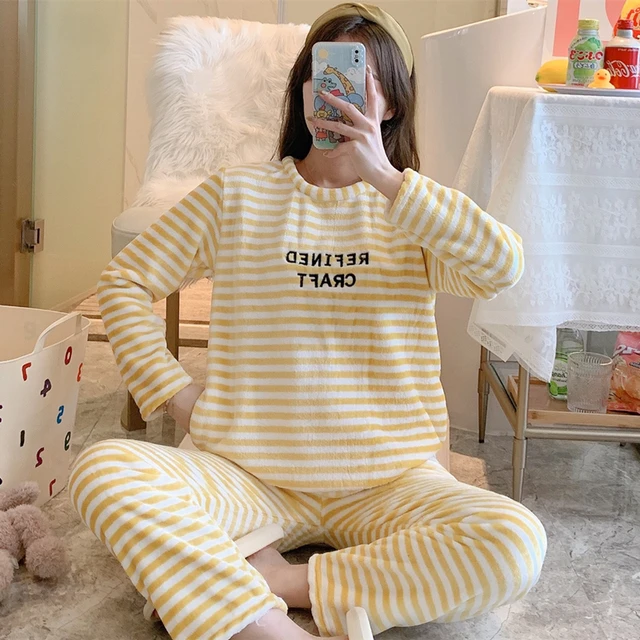 2022 winter Flannel Warm Pajamas Women Long Sleeve Home Suit Ladies  sleepwear cartoon Velvet Pajama set Thicken Feminino Pyjamas