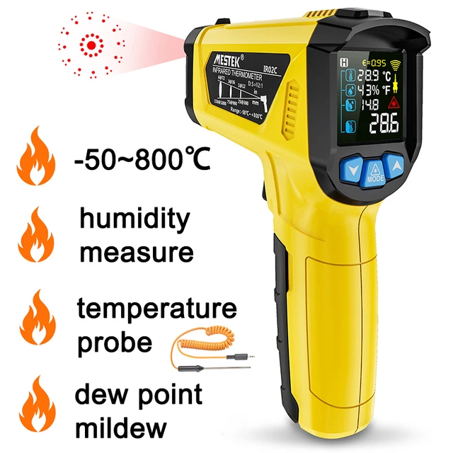 เมสเทค -50-800 ℃   เครื่องวัดอุณหภูมิอินฟราเรดแบบดิจิตอลหน้าจอสี LCD เครื่องวัดอุณหภูมิแสงพื้นหลังนาฬิกาปลุกเครื่องวัดอุณหภูมิแบบมือถือไพโรมิเตอร์ 1