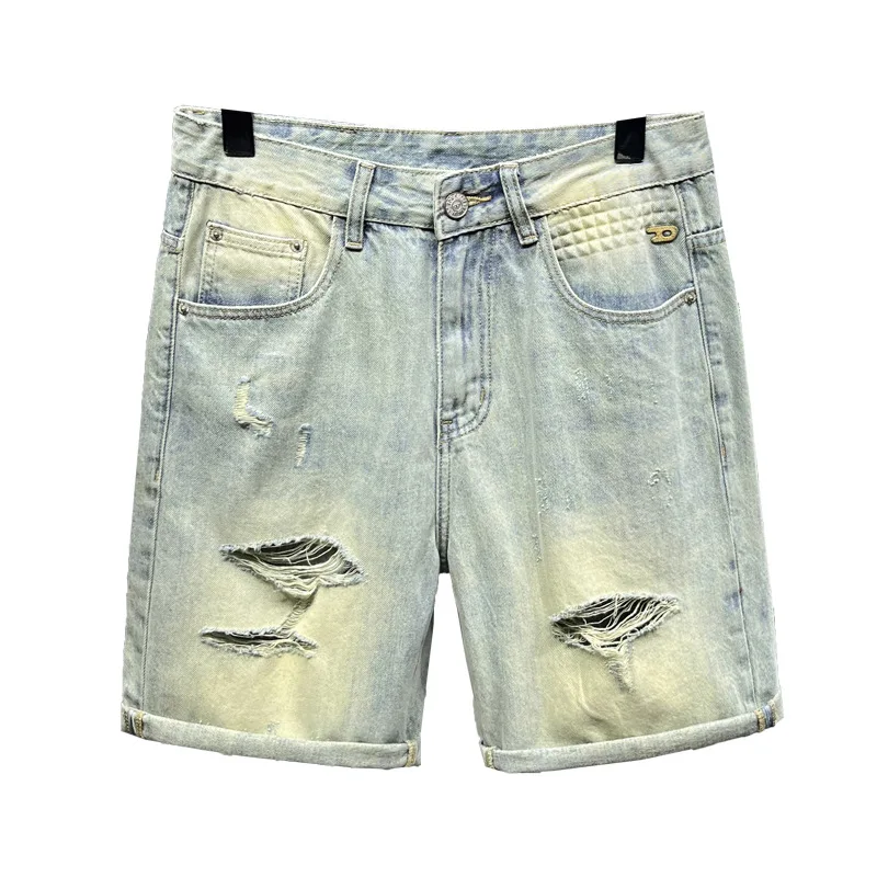 2024Summer New Nostalgic Washed Denim Shorts Men's Retro Street Trend Casual Stretch Ripped Pirate Shorts