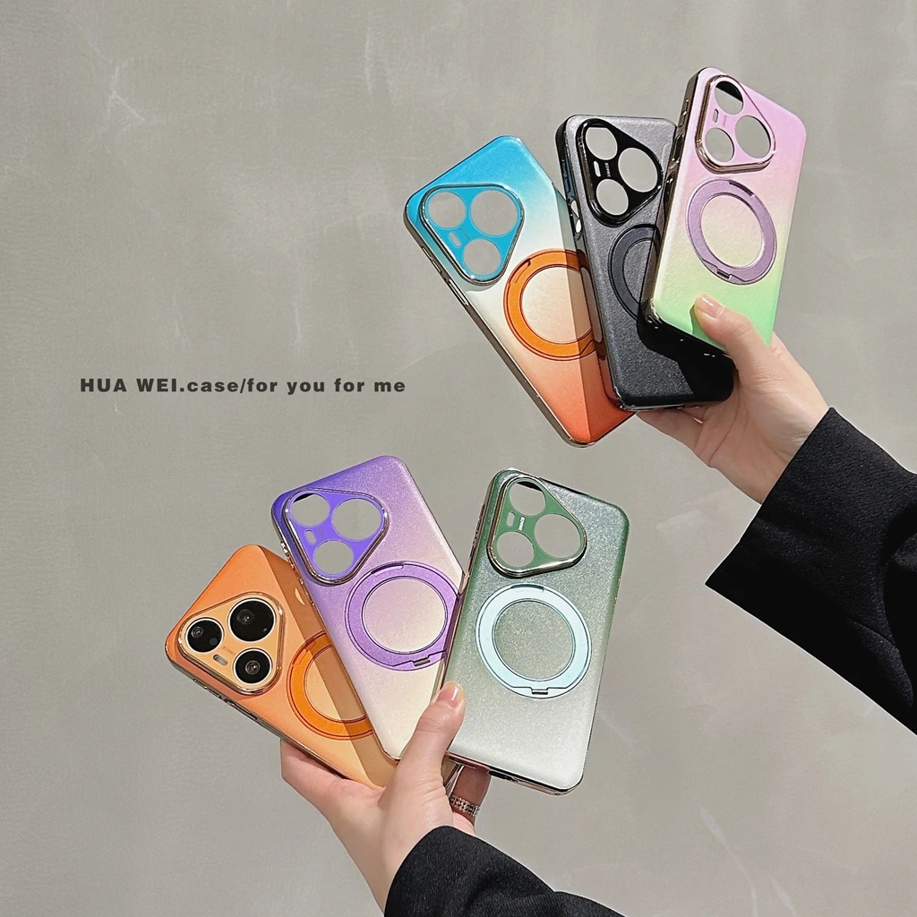 Luxury Gradient Faux Leather Phone Case with Electroplated Border and 360° Rotatable Stand