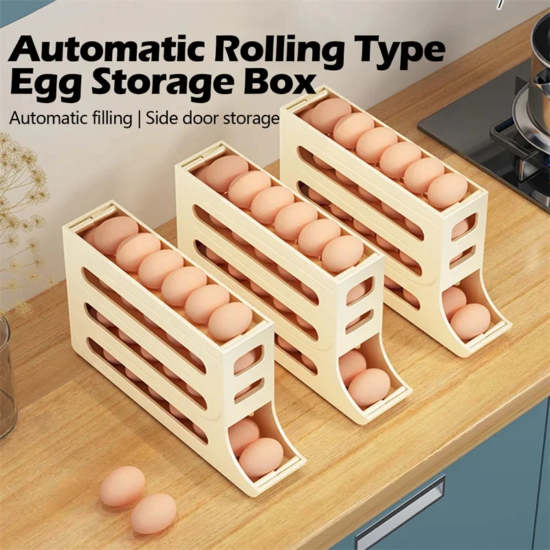 Frigorífico Egg Storage Box, Automatic Scrolling Holder, Grande Capacidade, Dedicado Rolling, Cozinha