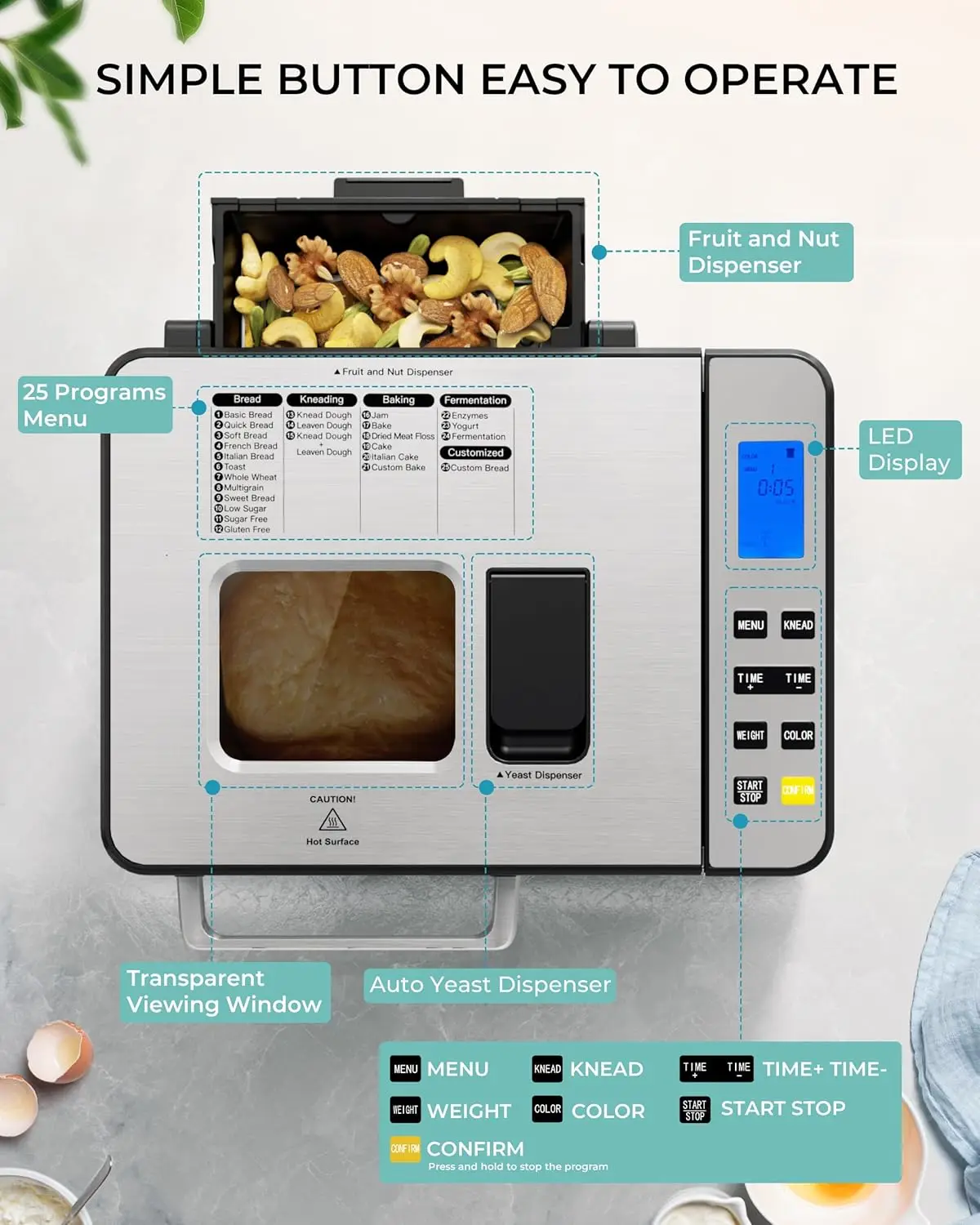 Maker Machine 2LB Breadmaker, Bread Machines with Nut Dispenser and Yeast Dispenser, 3 Loaf Sizes 3 Crust Colors, Dough Maker wi 3