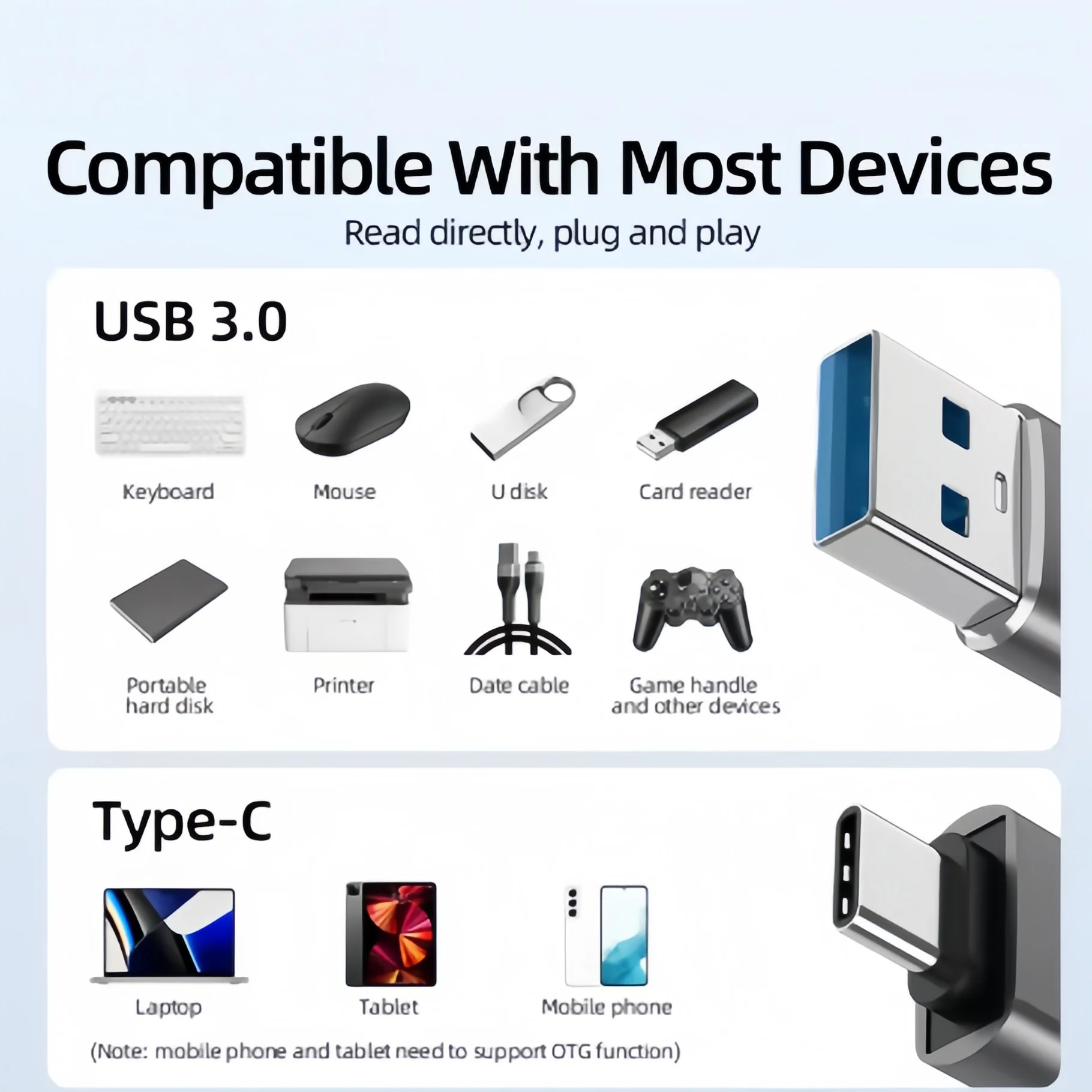USB 타입 C OTG 어댑터 USB C(수) - USB 3.0(암) 케이블 변환기