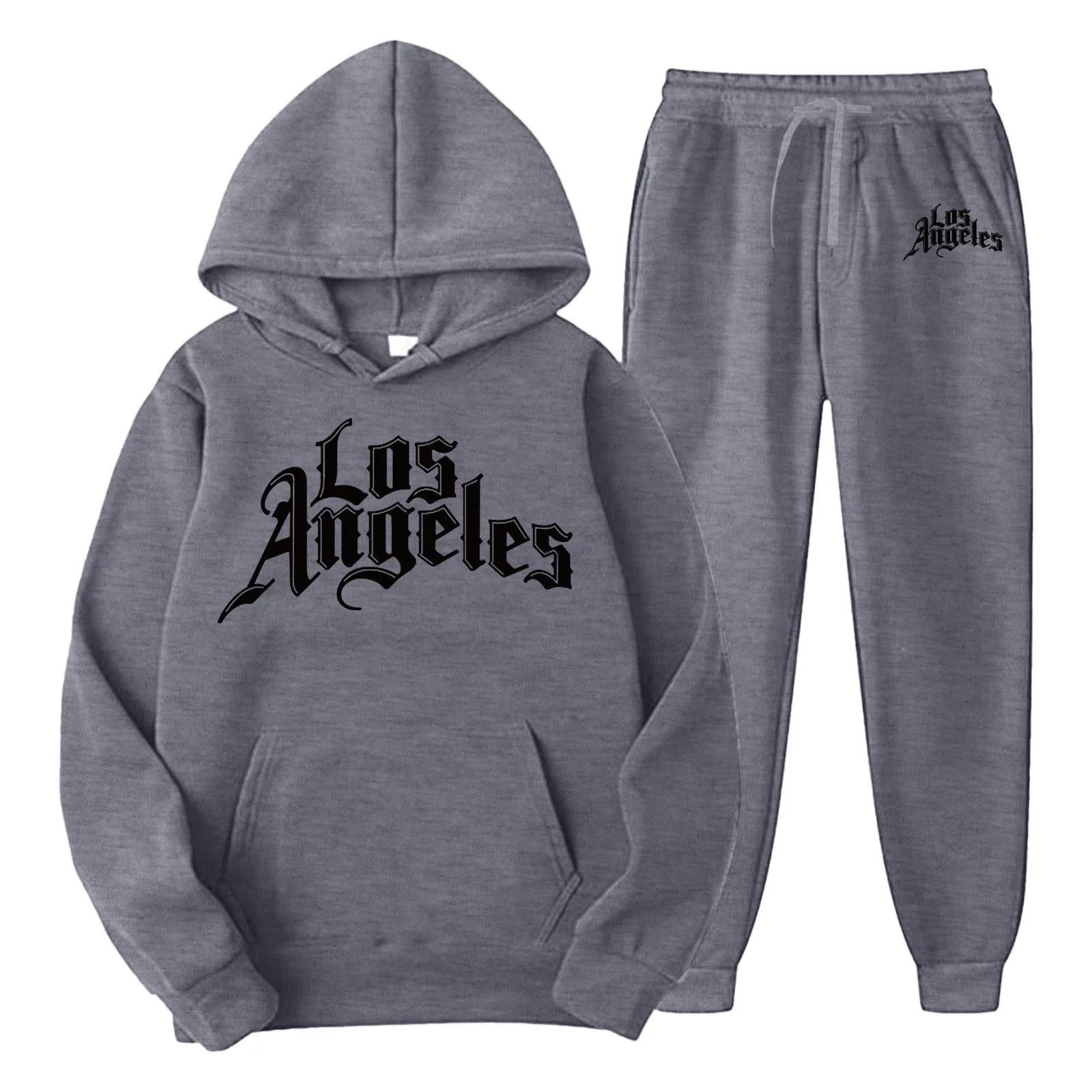 Men Hip Hop Hoodie Set Los Angeles Printed Hooded Pocket Sweatshirt Drawstring Elastic Waist Sweatpant Oversize Sports Tracksuit