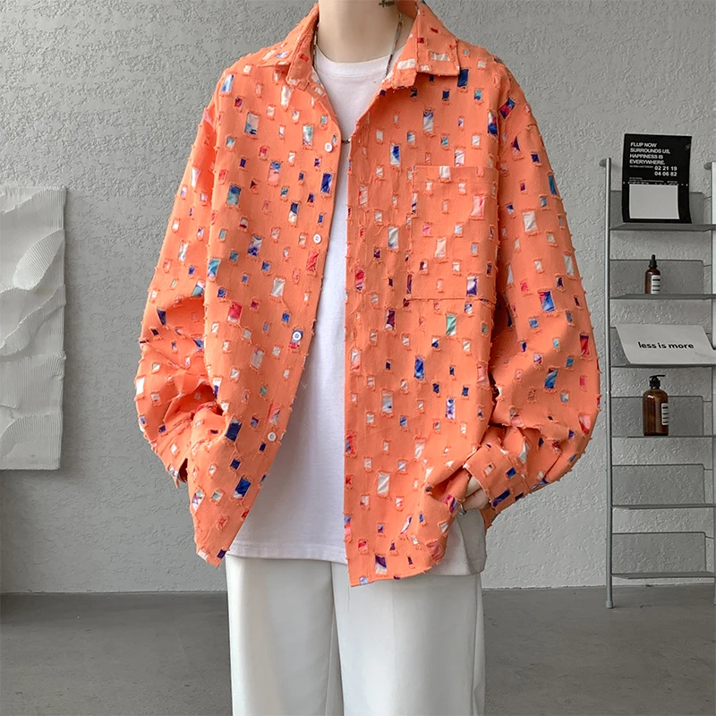 Cotton Hollow Out Shirt Men Oversized Colorful Plaid Shirt Men Streetwear Loose Long Sleeve Shirt Mens Hole Patch Shirts M-5XL