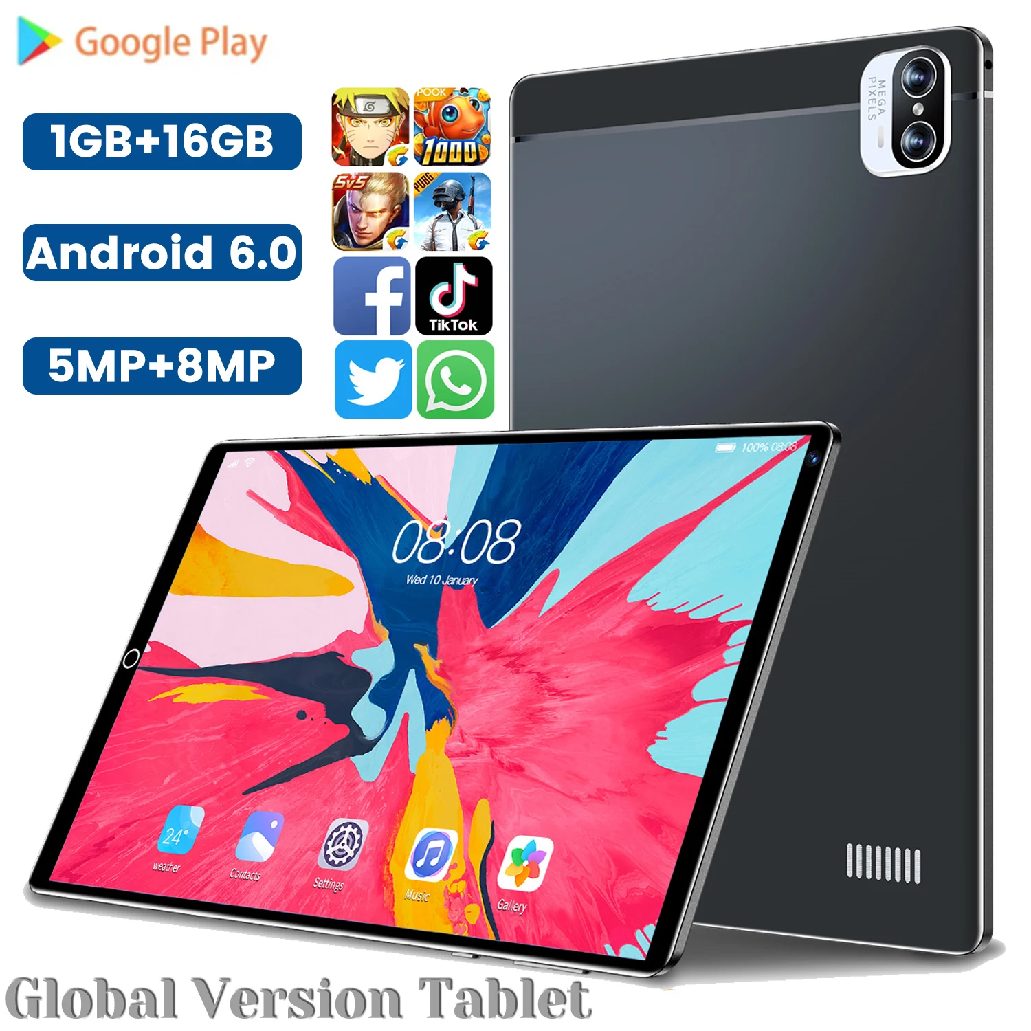 2024 Nuova Versione Globale Tablet Da 8.1 Pollici Android 2Gb + 32Gb 5Mp + 8Mp 3000Mah Android 6.0 Dual Sim Network 8 Core Bluetooth Wifi