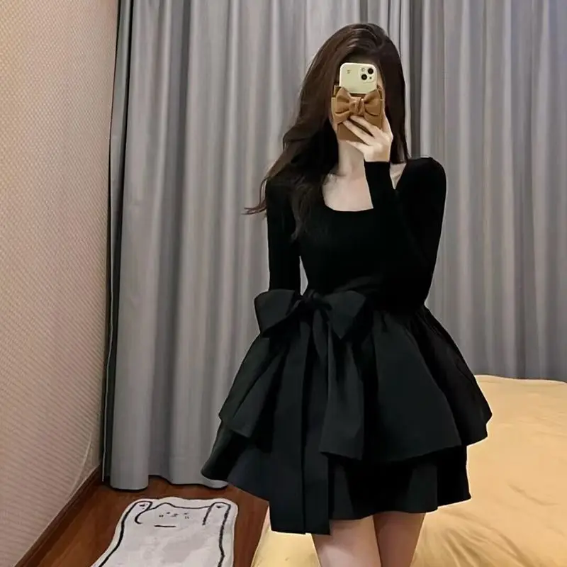 

Women's Clothing 2023 Spring Summer Show Thin Tie Black Puffy Dress with Bow Tie College Style Wear Long-sleeved Cake Skirt