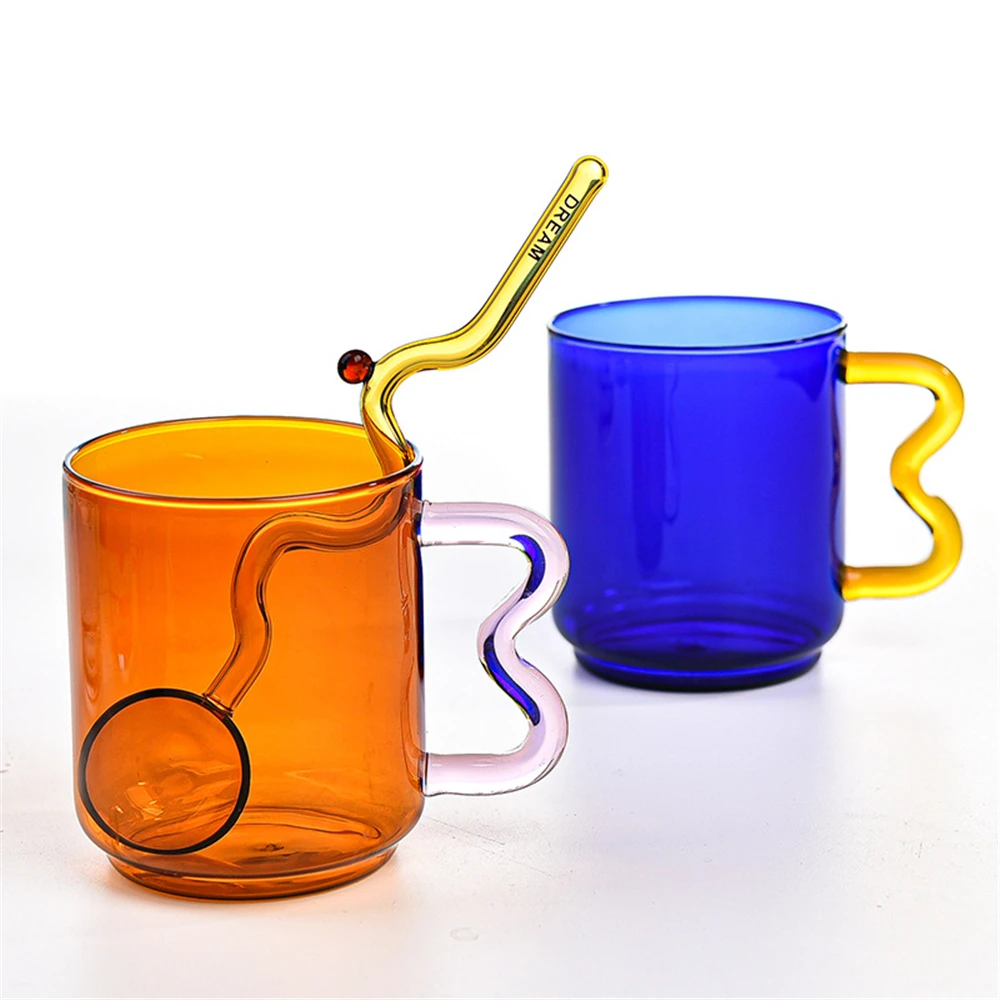 

300ml Colorful Ear Handle Glass Cup Simple Wave Design Coffee Cup Artistic Glass Tea Mug for Valentine's Day Birthday Gift