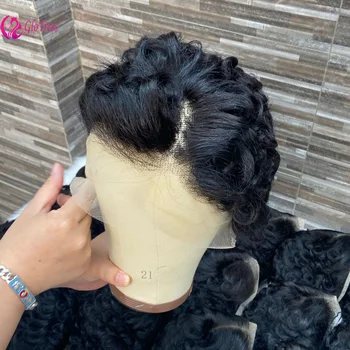 Parrucche in Capelli Umani 6'' Taglio Pixie 13X4 con Frontale in Pizzo, Parrucche Corte Senza Colla a Strati con Frangia, Capelli Vergini Brasiliani Remy per Donne