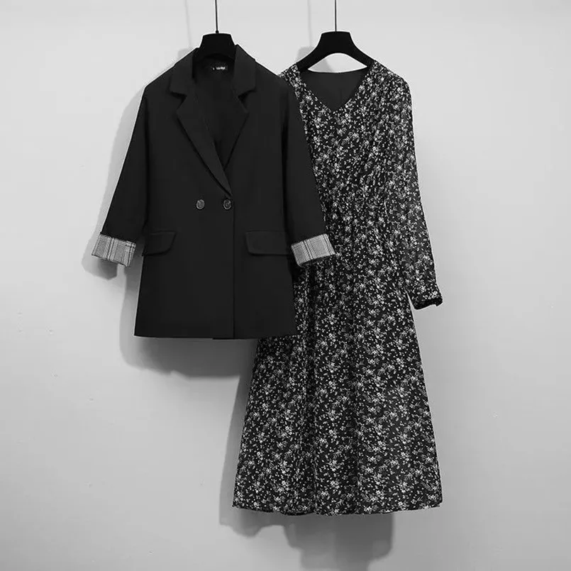 2023 Autumn/Winter Korean Edition New Large Women's Spring Fashion Coat+floral Dress Slimming Two-piece Set