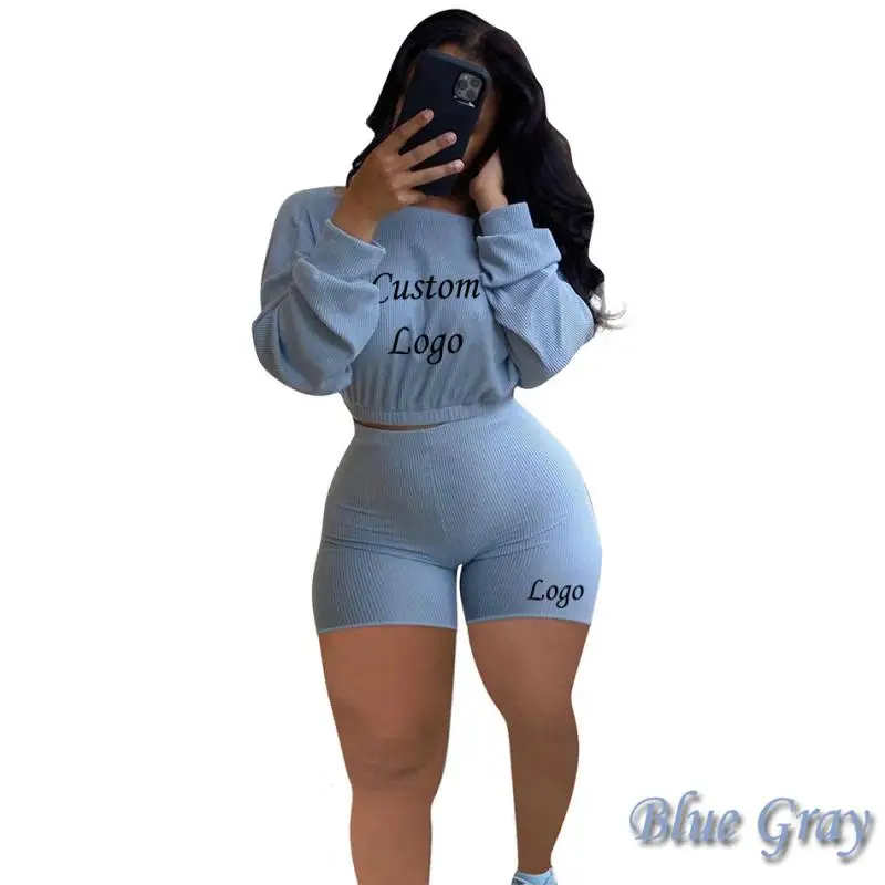 Custom Logo 2 Pieces Set Women Threaded Casual Pullovers Long Sleeve Crop Top and Shorts Tracksuit Female Sports Suit Clothing