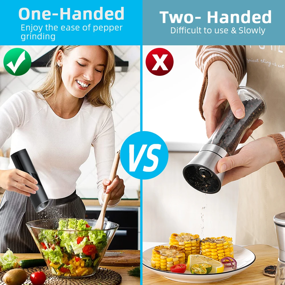 Electric Salt or Pepper Grinder Battery Operated Gravity with Light Switch Button Automatic Mill
