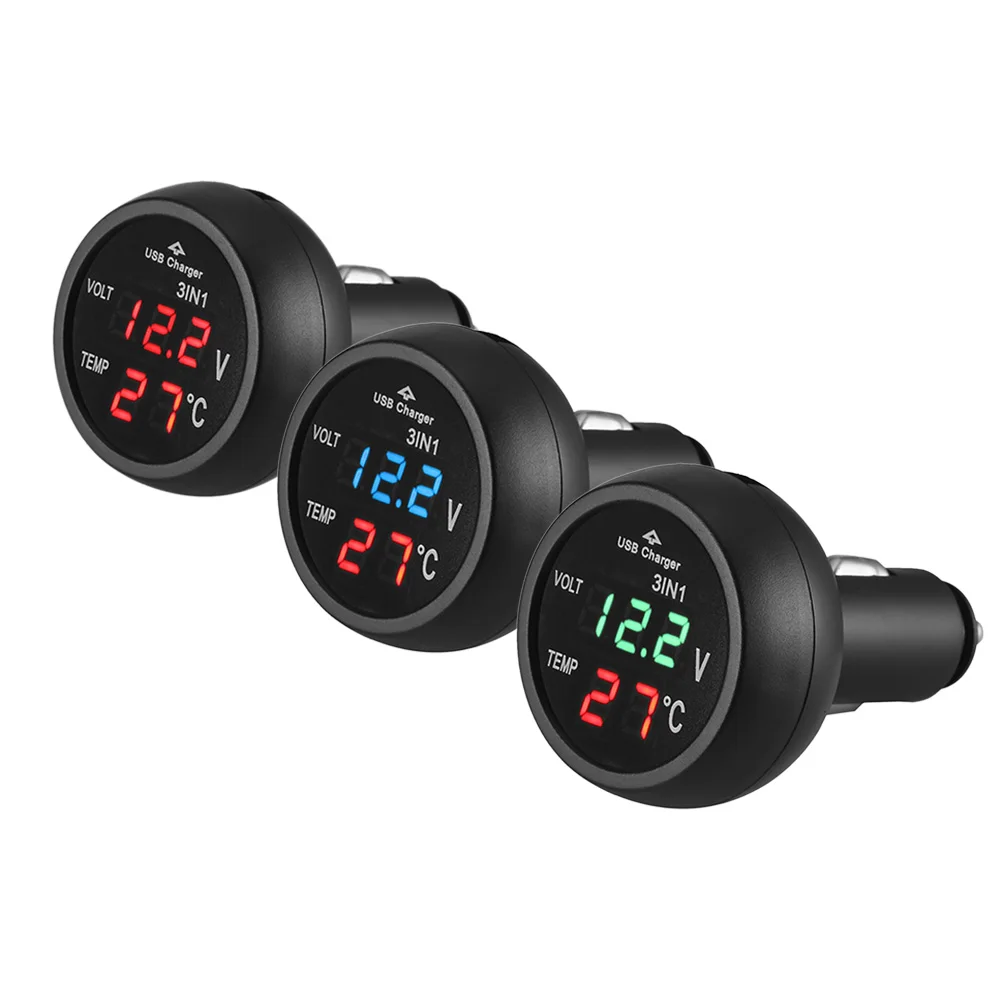 3 in 1 12/24V digital voltmeter Digital LED Car Cigarette Lighter Voltmeter Thermometer Car USB Charger Current Meter Volt Detector