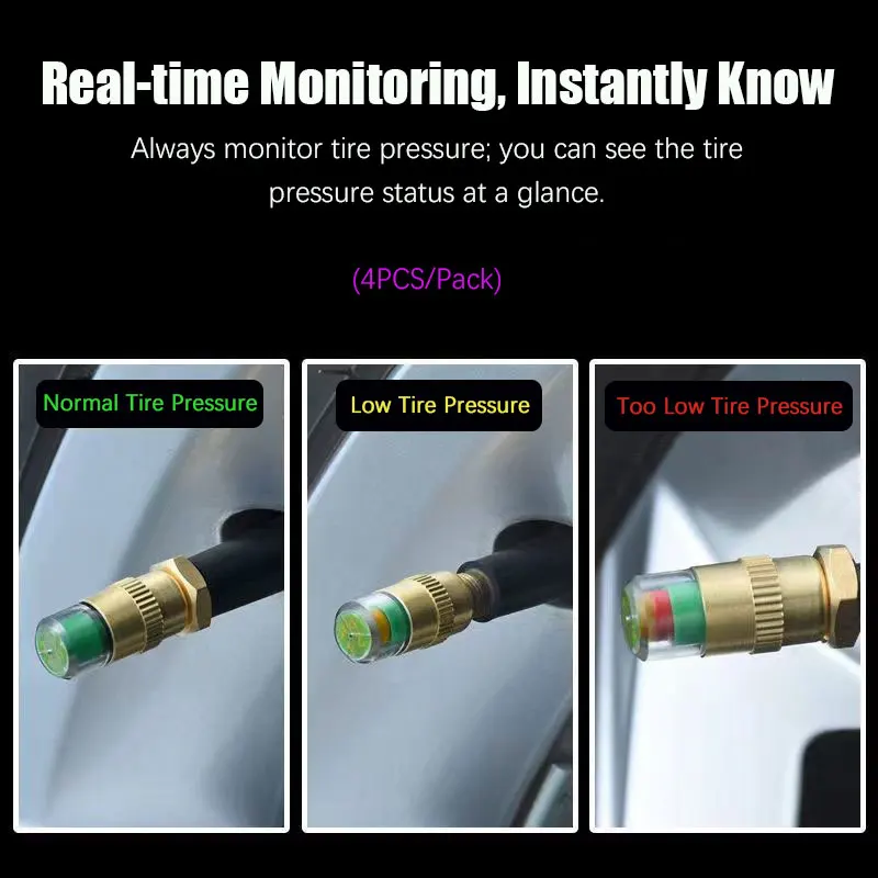 4개/세트 자동차 타이어 압력 모니터 캡 경고 표시기 타이어 밸브 캡 게이지 자동차 액세서리 자동차 타이어 압력 게이지 캡