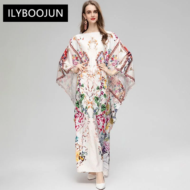 

Summer Pattern Printed Dress Women Batwing Sleeve Loose Waist Casual Holiday Party Long Dresses For Women 2023 Runway Luxury