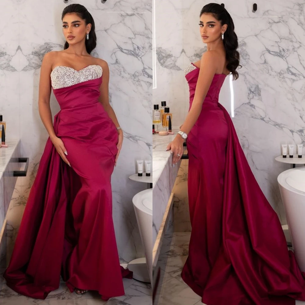 

Ball Exquisite High Quality Strapless Sheath Brush Prom Dresses Beading Hugging Taffeta Evening Vestidos De Fiesta Para Mujer