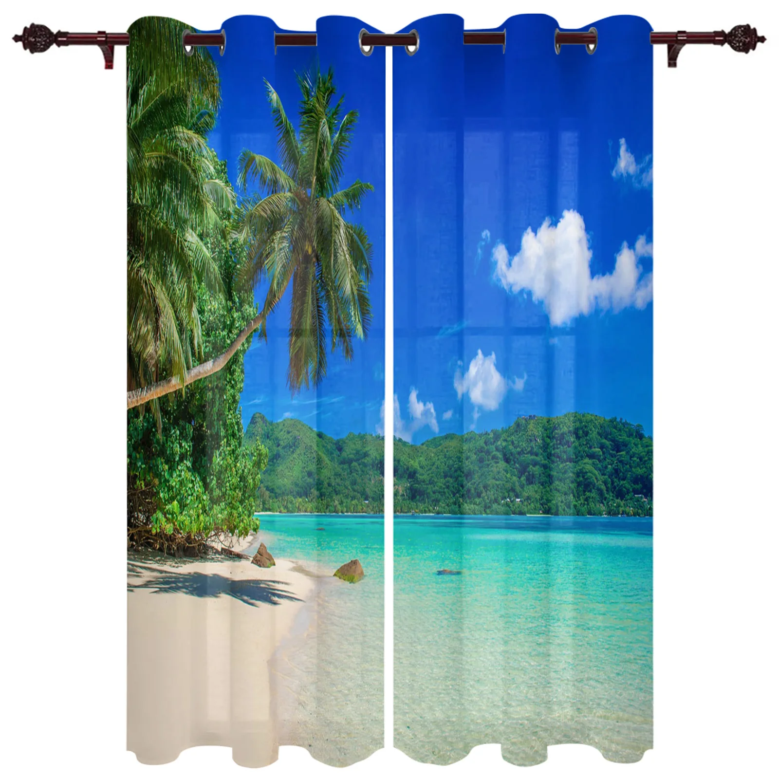  Cortinas hawaianas para cocina, árboles tropicales con  estampado de isla ventosa del océano, cortinas de café, gris y verde, juego  de cortinas de media ventana impresas para baño, bolsillo para barra