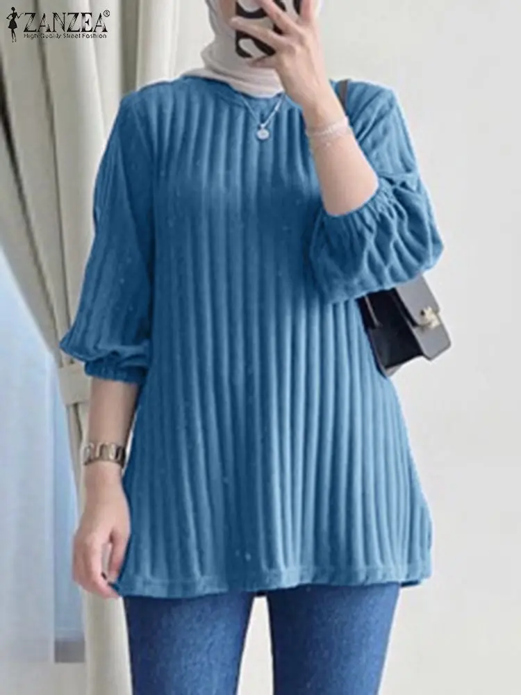 

ZANZEA Summer 3/4 Sleeve Muslim Ribbed Robe Tops Fashion Women Casual Islamic Clothing Loose Tunic Party Shirt Solid Work Blouse