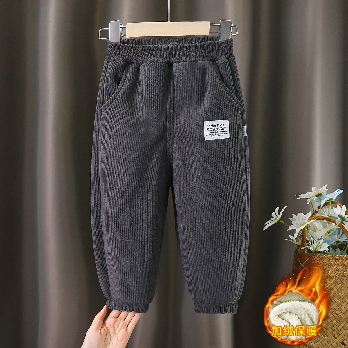 thumbnail image 1 of 1-8Yrs Children's Pants Autumn Winter Fleece Padded Trousers for Girls Solid Thickened Corduroy Pants Casual Loose Boys Pants, 1 of 6