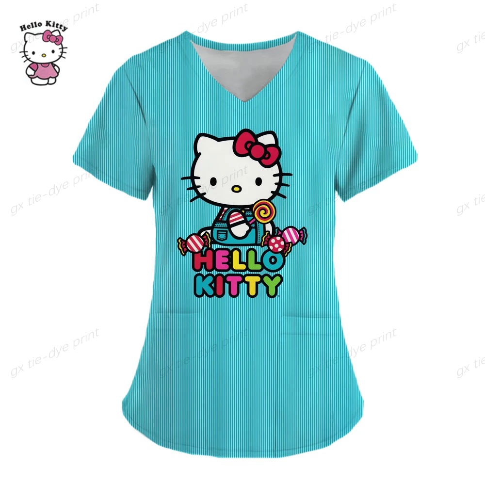 thumbnail image 1 of Camiseta de uniforme para mujer 2023, camisetas de Hello Kitty, uniforme de enfermera, bolsillo, Hello Kitty, cuello en V, ropa para mujer, tops, top de hospital, 1 of 5