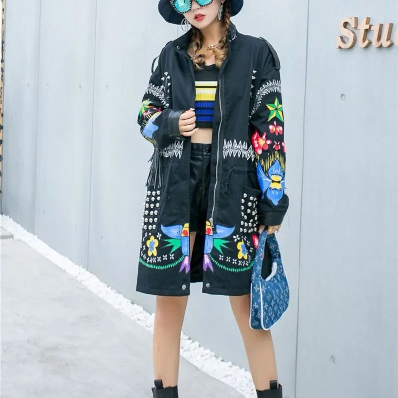 

New Western Style Rivet Personalized Printed Tassel Anti-Aging Mid-Length Windbreaker Coat for Women