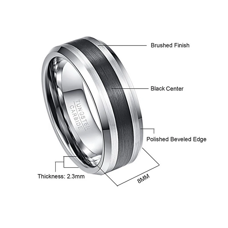 BONLAVIE 8mm Tungsten Carbide Ring Men's Ring Brushed Finish and Black Center Beveled Edge Size 5 to 14 Wedding Engagement Ring 5