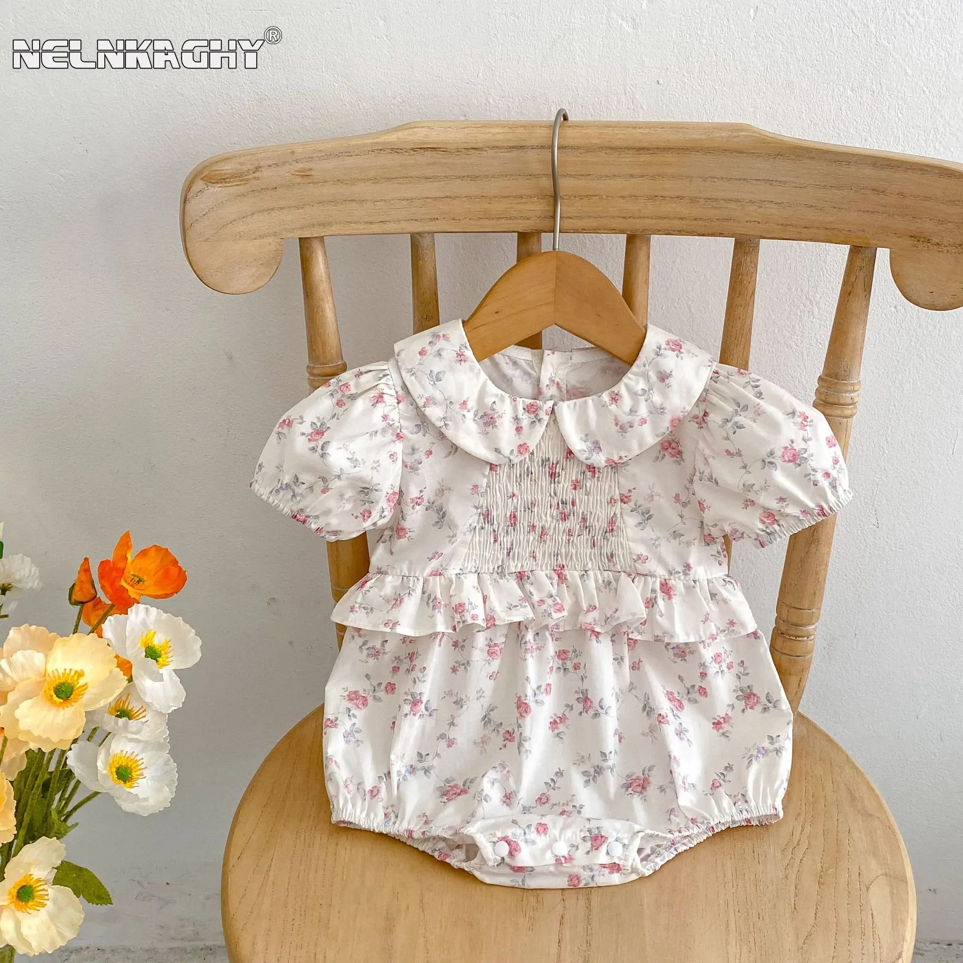 

Newborn Baby Girls Summer Bodysuits Peter Pan Collar Floral Ruched Cotton 100% - Perfect One-Piece Outfit for Infant Toddler