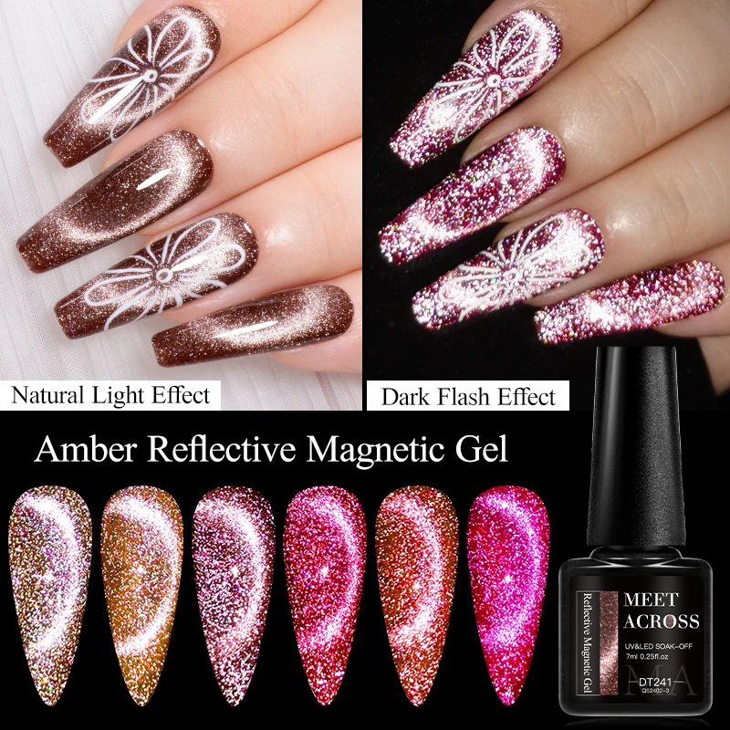 MEET ACROSS 6Pcs/Set Amber Reflective Cat Magnetic Gel Nail Polish Autumn Glitter Brown Coffee Series Nail Art UV Gel For Nails 2