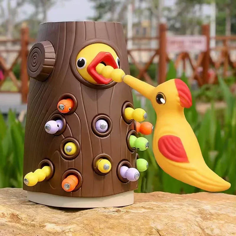 Woodpecker 몬테소리 마그네틱 벌레 잡기 게임 버그, 어린이 작은 새 먹이 주기 장난감, 조기 교육 가족 장난감