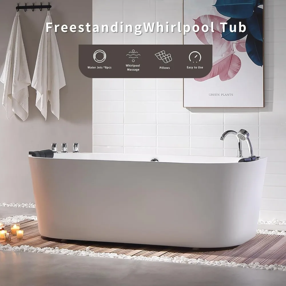 59" Freestanding Whirlpool Bathtub,Acrylic 8 Hydromassage Jets Tub,59" x 30", 560W, Middle Drain, ETL Certified 5