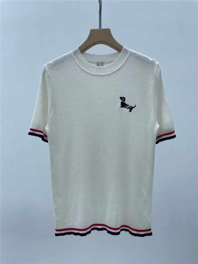 

summer turtleneck Tees For Women, Preppy Pullovers, White Color embroidery wool knit Crop top T-Shirt, свитер оверсайз