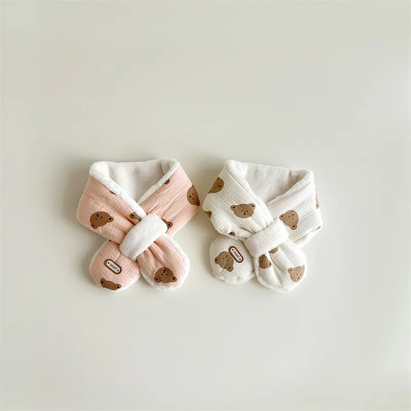 한국 곰 프린트  스카프 겨울 플러시 크로스 스카프 어린이용 남아 여아 따뜻한 목도리