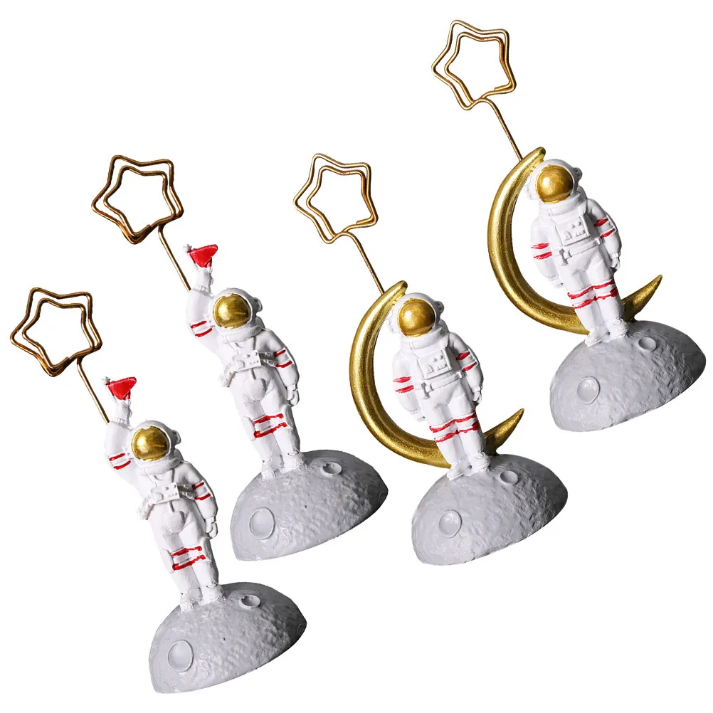4Pcs 우주인 모양 장식품 사진 폴더 데스크탑 장식 훌륭한 솜씨 명함 홀더 메모 클립